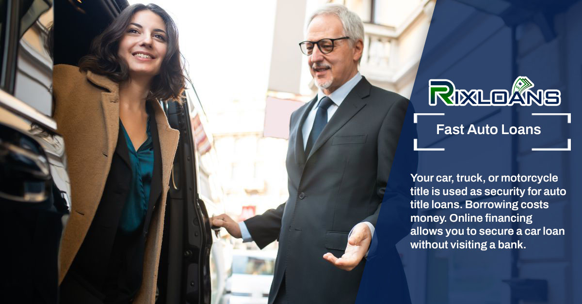 A man and woman shaking hands in front of a car representing fast auto loans