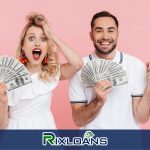 A man and a woman holding money in front of their faces after obtaining payday loans in Texas