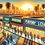 Bustling California street scene with financial icons, diverse crowd, sunset behind palms, vibrant colors, and map backdrop