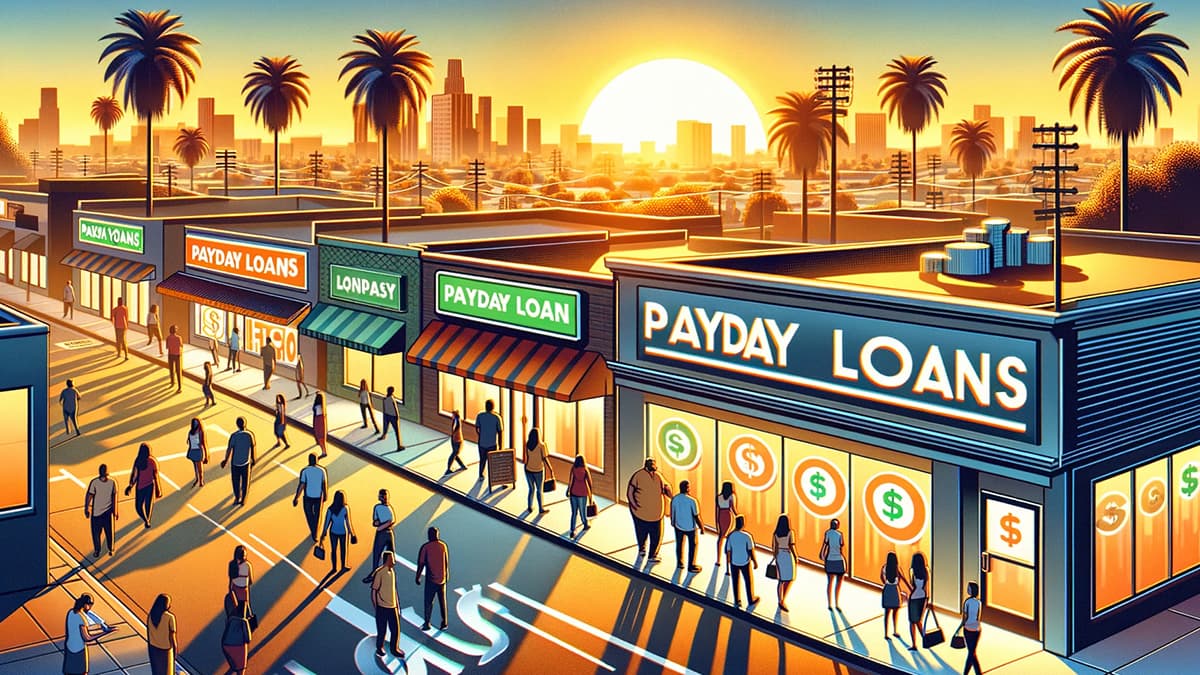 Bustling California street scene with financial icons, diverse crowd, sunset behind palms, vibrant colors, and map backdrop